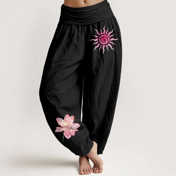 Buddha Stones Baumwoll-Haremshose mit Lotusblumen- und Sonnenmuster, elastischer Bund, Damen - Schwarz - US16, UK/AU20, EU48 (3XL) - image 0