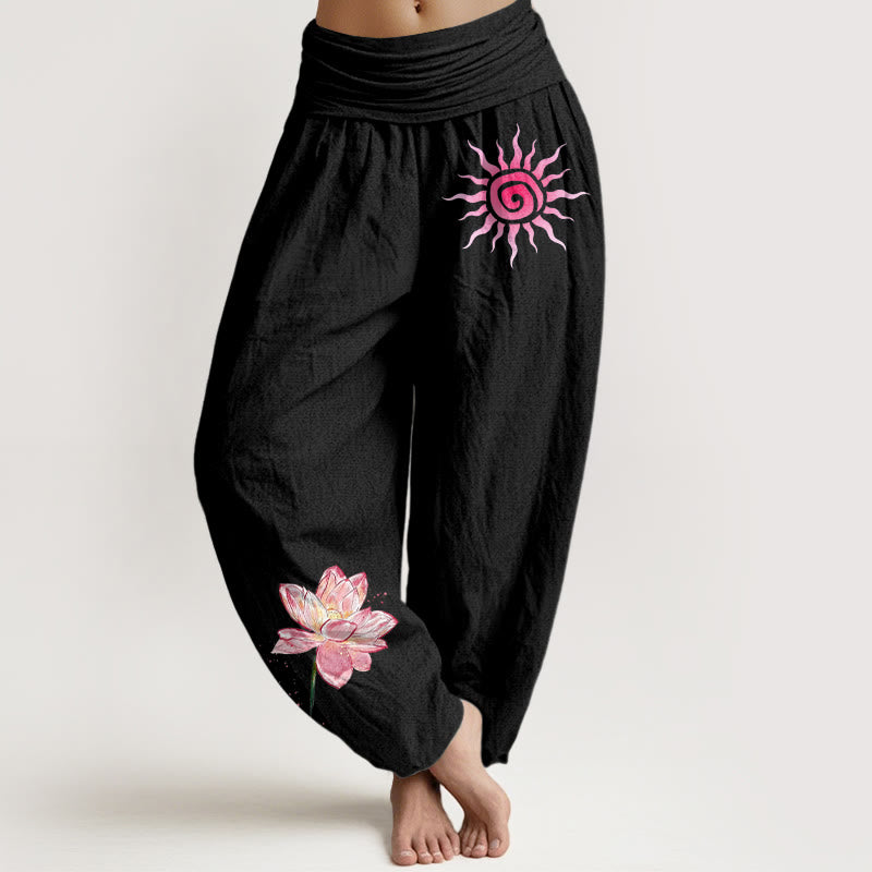 Buddha Stones Baumwoll-Haremshose mit Lotusblumen- und Sonnenmuster, elastischer Bund, Damen - Schwarz - US16, UK/AU20, EU48 (3XL) - image 0