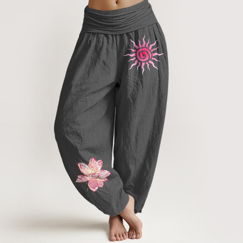 Buddha Stones Baumwoll-Haremshose mit Lotusblumen- und Sonnenmuster, elastischer Bund, Damen - DimGray - US16, UK/AU20, EU48 (3XL) - image 8