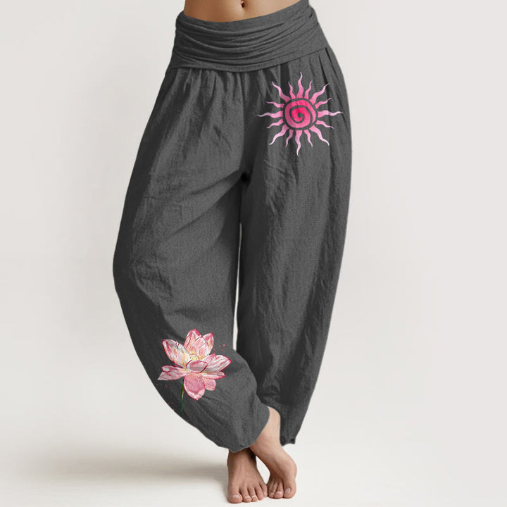Buddha Stones Baumwoll-Haremshose mit Lotusblumen- und Sonnenmuster, elastischer Bund, Damen - DimGray - US16, UK/AU20, EU48 (3XL) - image 8