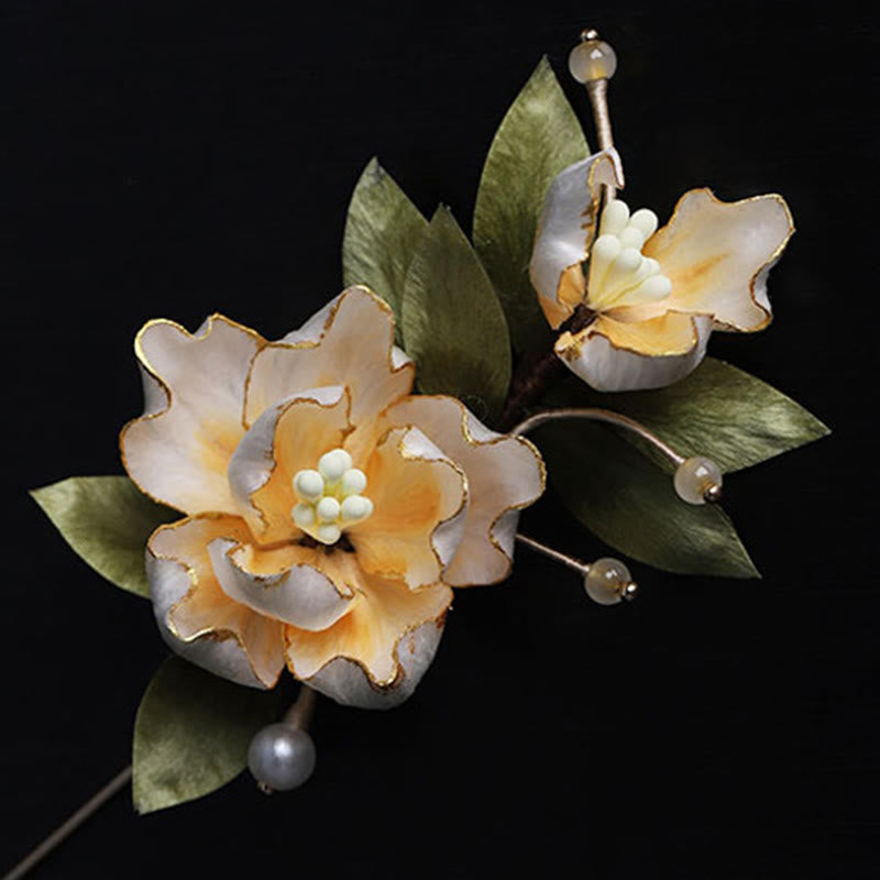 Buddha Stones Handgefertigte Seidenbrosche mit goldener Pfingstrose als Glücksbringer - image 9