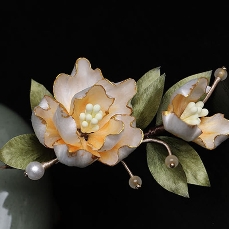 Buddha Stones Handgefertigte Seidenbrosche mit goldener Pfingstrose als Glücksbringer - image 8
