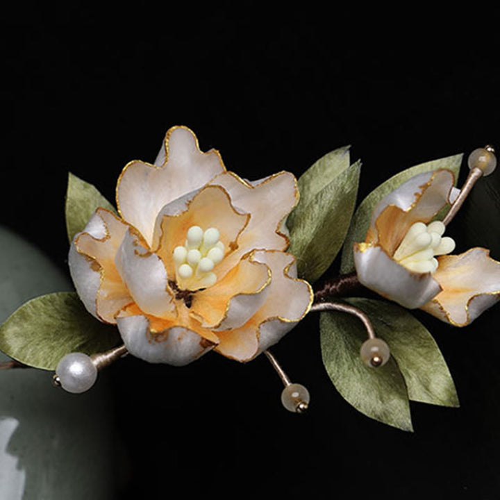 Buddha Stones Handgefertigte Seidenbrosche mit goldener Pfingstrose als Glücksbringer - image 8