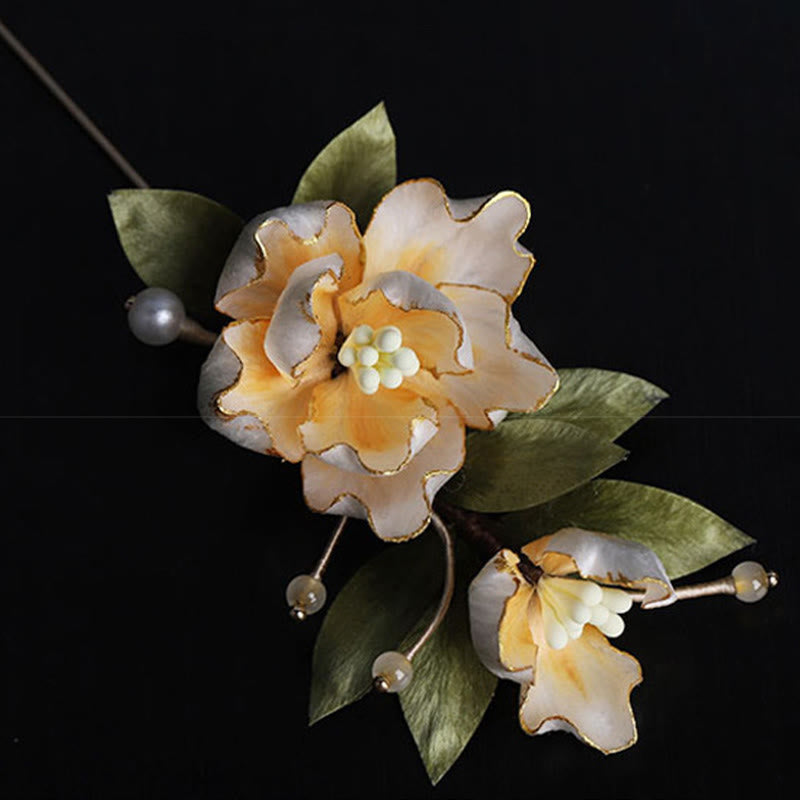 Buddha Stones Handgefertigte Seidenbrosche mit goldener Pfingstrose als Glücksbringer - image 10