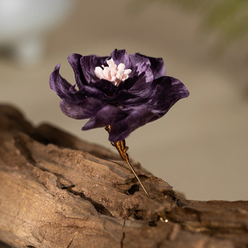 Buddha Stones Handgefertigte Seidenbrosche mit lila Pfingstrosenblume – ein Glücksbringer - image 3