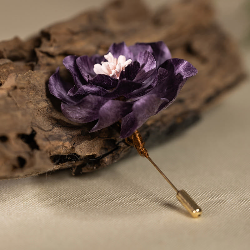 Buddha Stones Handgefertigte Seidenbrosche mit lila Pfingstrosenblume – ein Glücksbringer - image 2