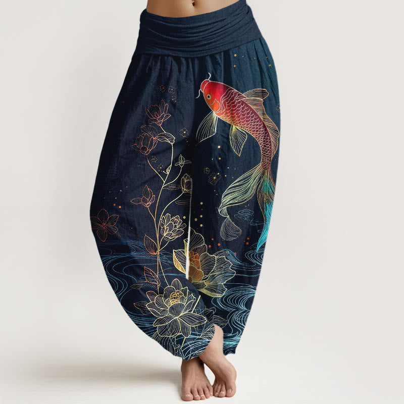 Buddha Stones Damen-Haremshose aus reiner Baumwolle mit Lotus-Koi-Fischmuster und elastischem Bund. - Marine - US16, UK/AU20, EU48 (3XL) - image 0