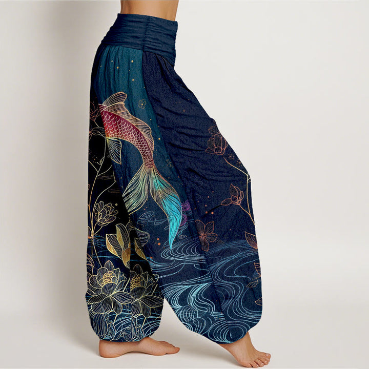Buddha Stones Damen-Haremshose aus reiner Baumwolle mit Lotus-Koi-Fischmuster und elastischem Bund. - image 2