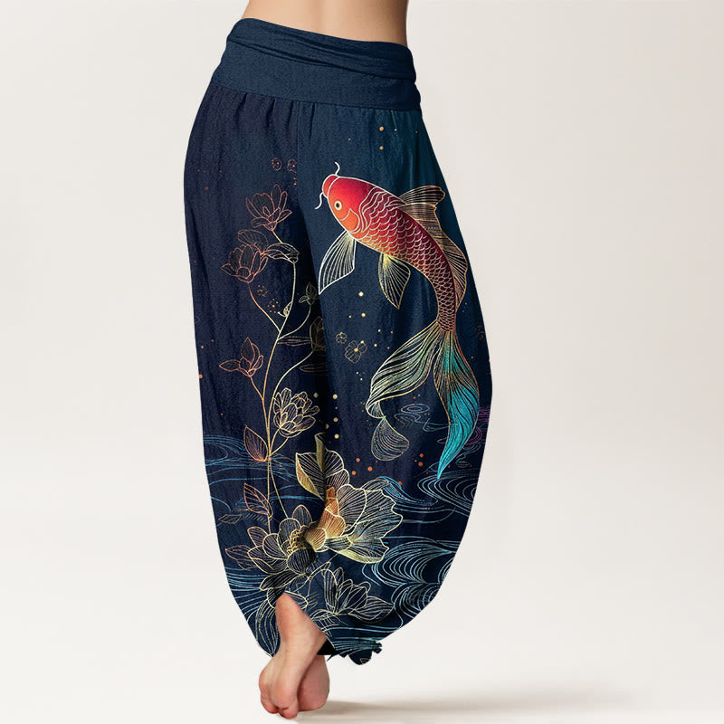 Buddha Stones Damen-Haremshose aus reiner Baumwolle mit Lotus-Koi-Fischmuster und elastischem Bund. - image 1