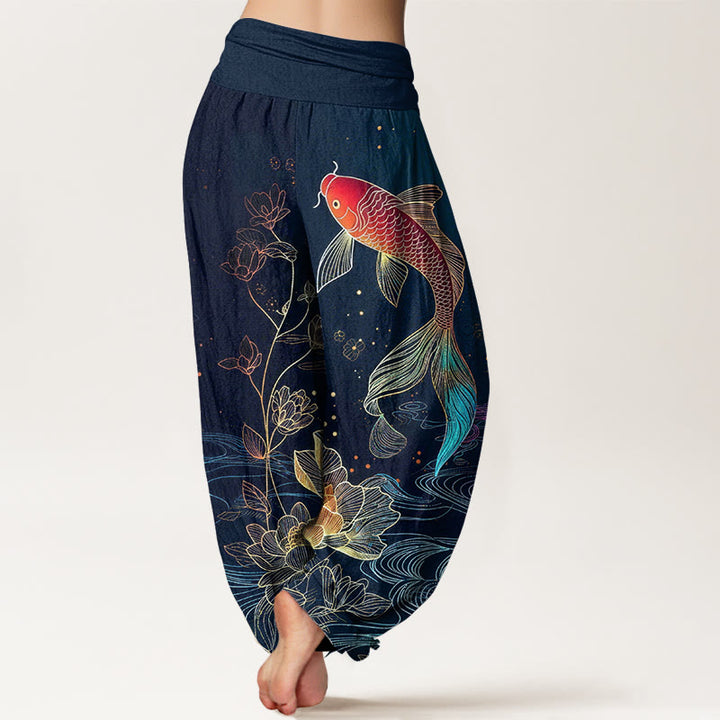 Buddha Stones Damen-Haremshose aus reiner Baumwolle mit Lotus-Koi-Fischmuster und elastischem Bund. - image 1