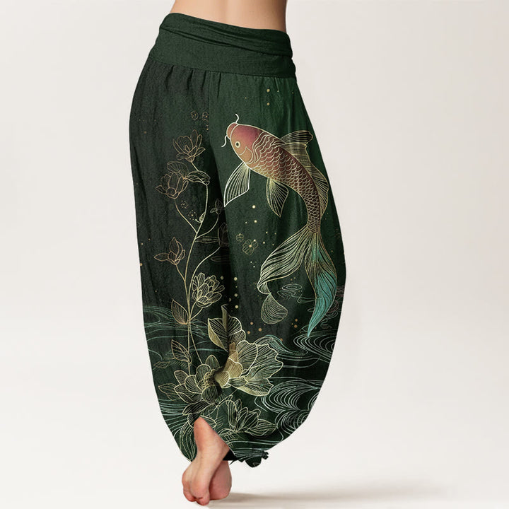 Buddha Stones Damen-Haremshose aus reiner Baumwolle mit Lotus-Koi-Fischmuster und elastischem Bund. - image 9