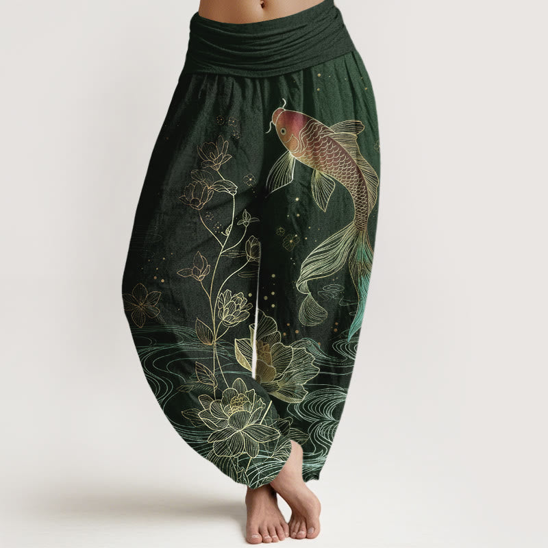 Buddha Stones Damen-Haremshose aus reiner Baumwolle mit Lotus-Koi-Fischmuster und elastischem Bund. - Dunkelgrün - US16, UK/AU20, EU48 (3XL) - image 5