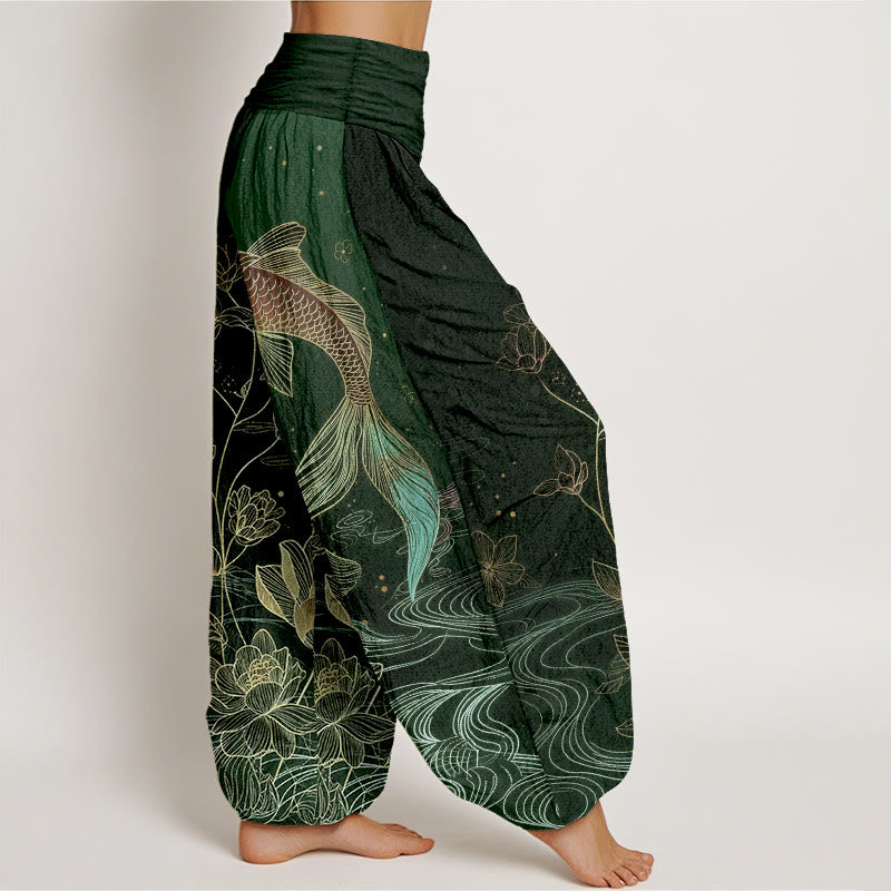 Buddha Stones Damen-Haremshose aus reiner Baumwolle mit Lotus-Koi-Fischmuster und elastischem Bund. - image 10