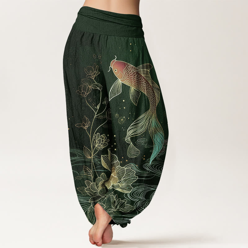 Buddha Stones Damen-Haremshose aus reiner Baumwolle mit Lotus-Koi-Fischmuster und elastischem Bund. - image 6