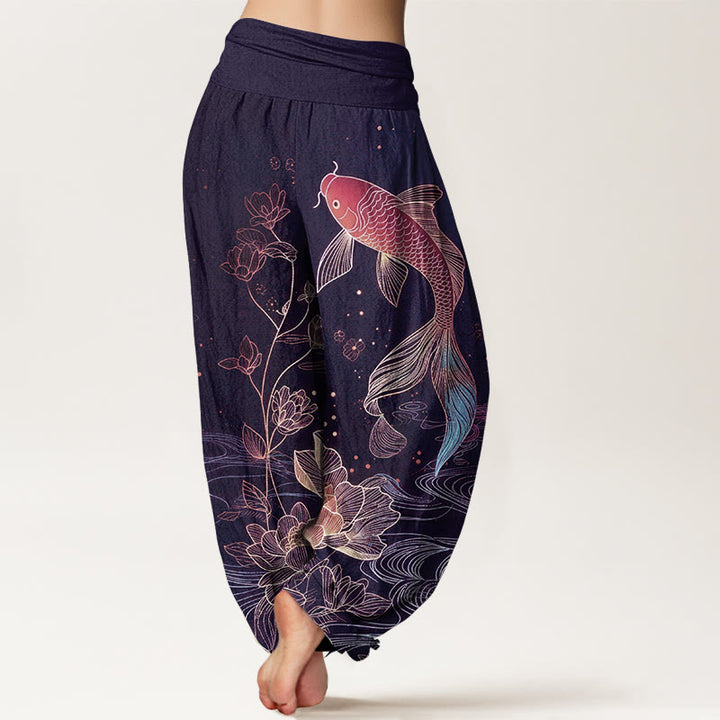 Buddha Stones Damen-Haremshose aus reiner Baumwolle mit Lotus-Koi-Fischmuster und elastischem Bund. - image 9