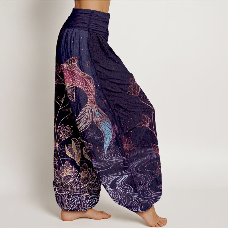 Buddha Stones Damen-Haremshose aus reiner Baumwolle mit Lotus-Koi-Fischmuster und elastischem Bund. - image 10