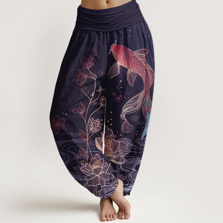 Buddha Stones Damen-Haremshose aus reiner Baumwolle mit Lotus-Koi-Fischmuster und elastischem Bund. - Indigo - US16, UK/AU20, EU48 (3XL) - image 8