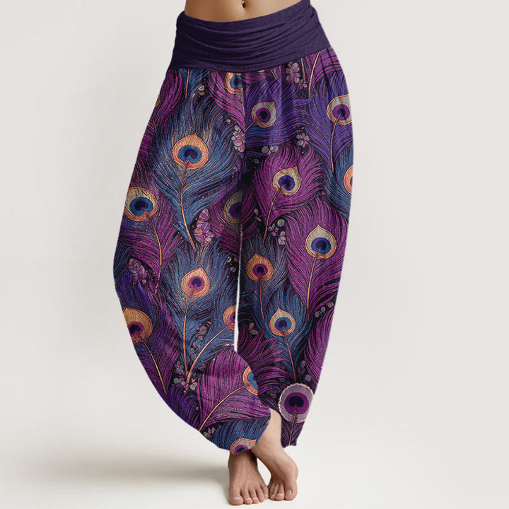 Buddha Stones Damen-Haremshose aus reiner Baumwolle mit Pfauenfedermuster und elastischem Bund - DarkOrchid - US16, UK/AU20, EU48 (3XL) - image 0