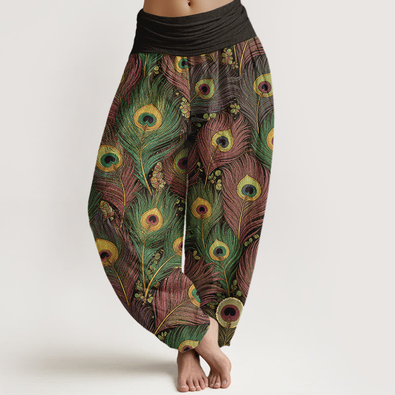 Buddha Stones Damen-Haremshose aus reiner Baumwolle mit Pfauenfedermuster und elastischem Bund - Dunkelolivgrün - US16, UK/AU20, EU48 (3XL) - image 5