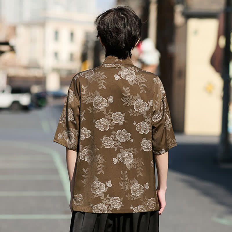 Buddha Stones Retro-Herrenhemd mit Froschknöpfen, Stehkragen, floralem Jacquardmuster und kurzen Ärmeln, Stehkragen und floralem Jacquardmuster - image 6