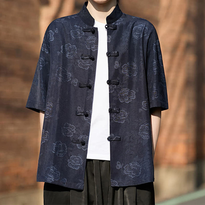 Buddha Stones Retro-Herrenhemd mit Froschknöpfen, Stehkragen, floralem Jacquardmuster und kurzen Ärmeln, Stehkragen und floralem Jacquardmuster - image 16