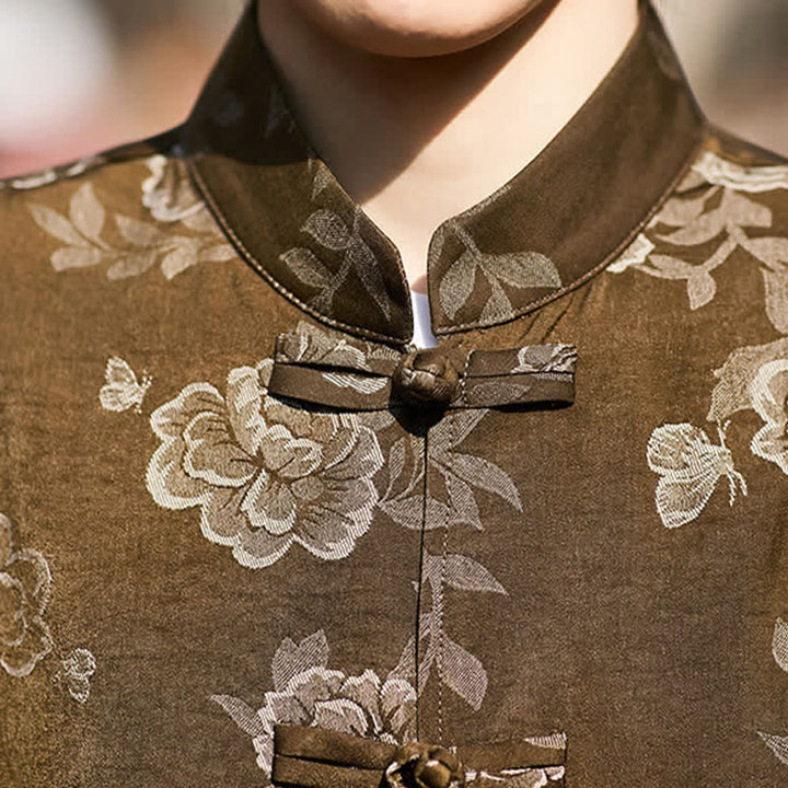 Buddha Stones Retro-Herrenhemd mit Froschknöpfen, Stehkragen, floralem Jacquardmuster und kurzen Ärmeln, Stehkragen und floralem Jacquardmuster - image 8