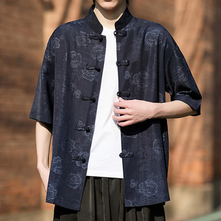 Buddha Stones Retro-Herrenhemd mit Froschknöpfen, Stehkragen, floralem Jacquardmuster und kurzen Ärmeln, Stehkragen und floralem Jacquardmuster - image 17