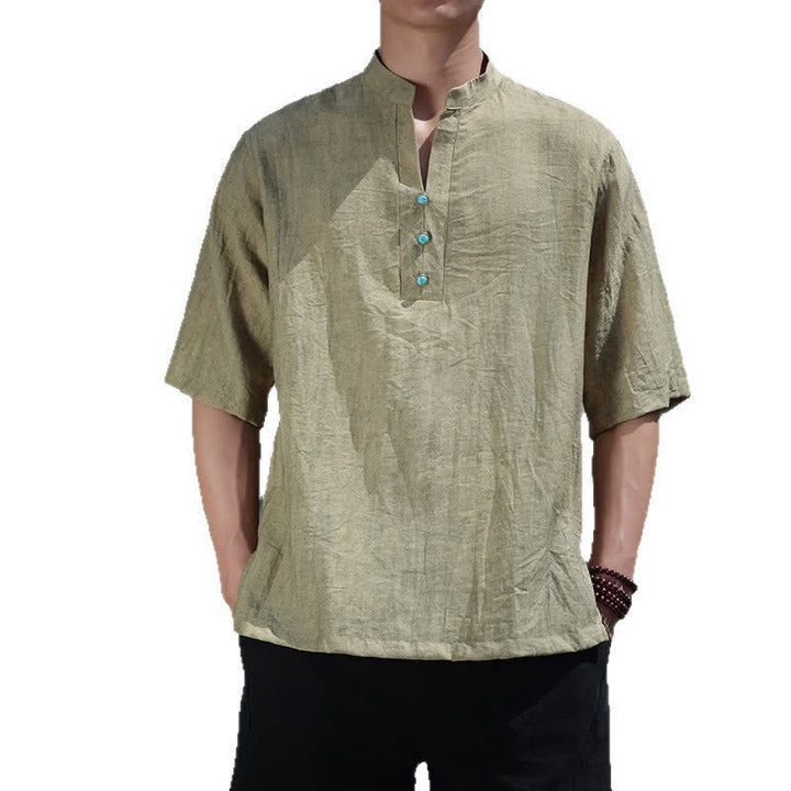 Buddha Stones Sommerliches Dai-Ethno-T-Shirt für Herren mit kurzen Ärmeln, gekerbtem Kragen und Knöpfen - image 3