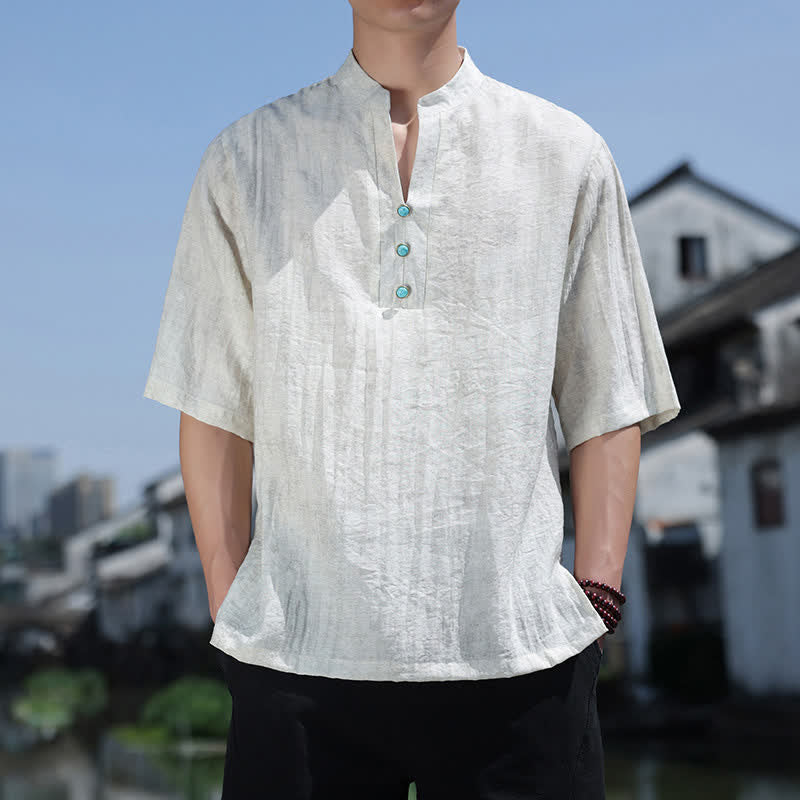 Buddha Stones Sommerliches Dai-Ethno-T-Shirt für Herren mit kurzen Ärmeln, gekerbtem Kragen und Knöpfen - FloralWeiß - US/ UK/AU46, EU56 (5XL) - image 4