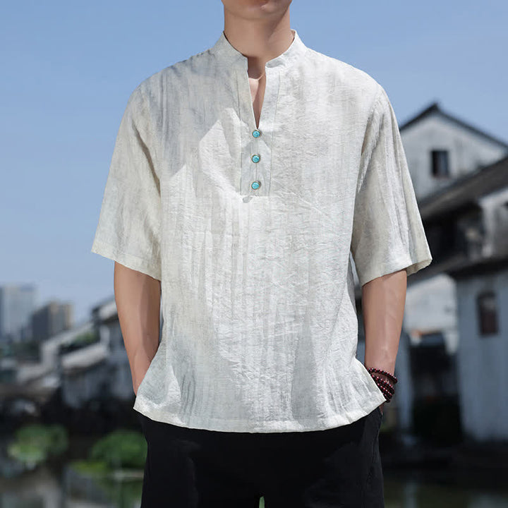 Buddha Stones Sommerliches Dai-Ethno-T-Shirt für Herren mit kurzen Ärmeln, gekerbtem Kragen und Knöpfen - FloralWeiß - US/ UK/AU46, EU56 (5XL) - image 4