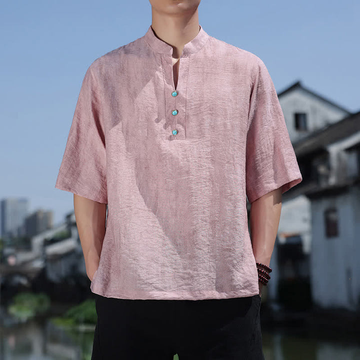 Buddha Stones Sommerliches Dai-Ethno-T-Shirt für Herren mit kurzen Ärmeln, gekerbtem Kragen und Knöpfen - Hellrosa - US/ UK/AU46, EU56 (5XL) - image 10