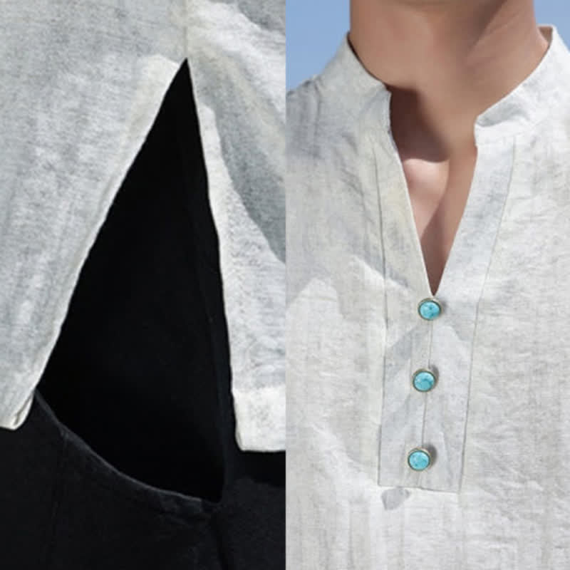 Buddha Stones Sommerliches Dai-Ethno-T-Shirt für Herren mit kurzen Ärmeln, gekerbtem Kragen und Knöpfen - image 6