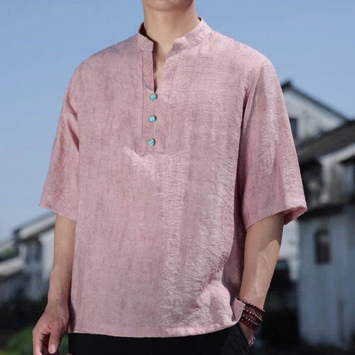 Buddha Stones Sommerliches Dai-Ethno-T-Shirt für Herren mit kurzen Ärmeln, gekerbtem Kragen und Knöpfen - image 11