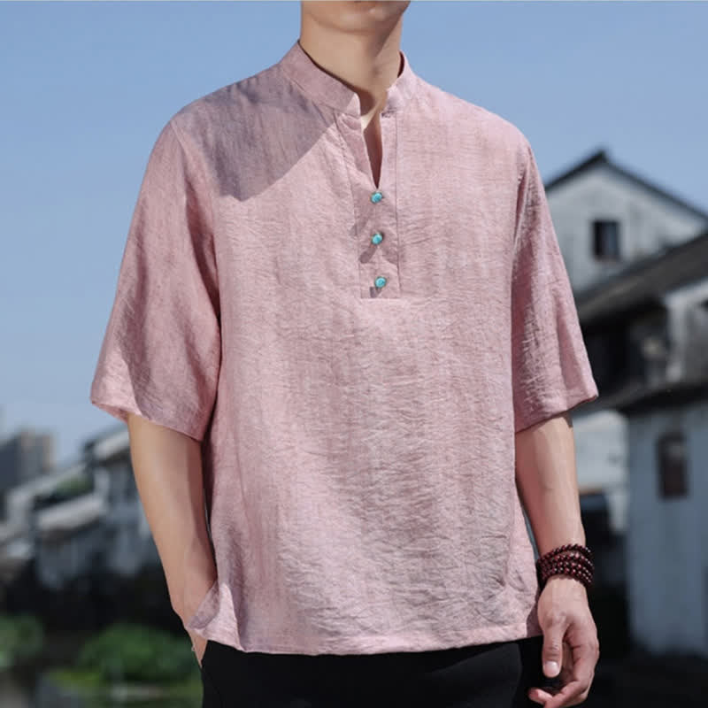 Buddha Stones Sommerliches Dai-Ethno-T-Shirt für Herren mit kurzen Ärmeln, gekerbtem Kragen und Knöpfen - image 12