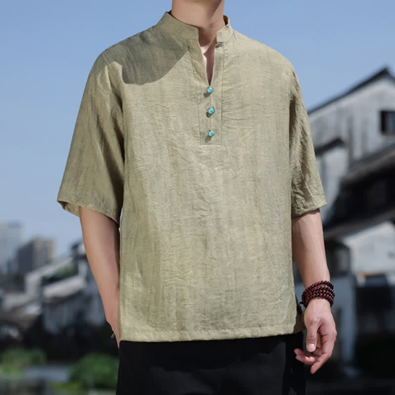 Buddha Stones Sommerliches Dai-Ethno-T-Shirt für Herren mit kurzen Ärmeln, gekerbtem Kragen und Knöpfen - image 2