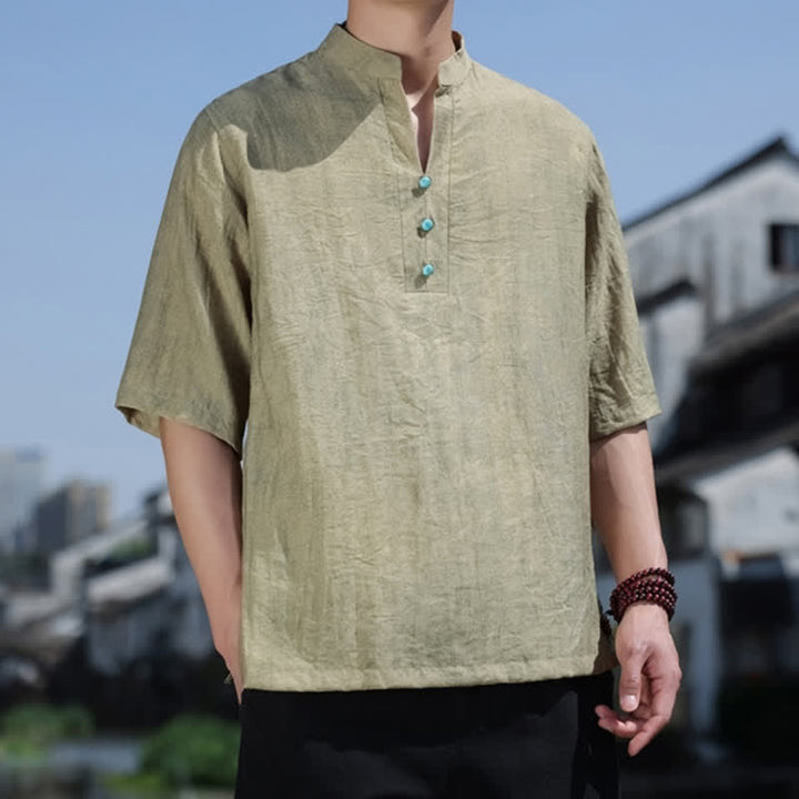 Buddha Stones Sommerliches Dai-Ethno-T-Shirt für Herren mit kurzen Ärmeln, gekerbtem Kragen und Knöpfen - image 2