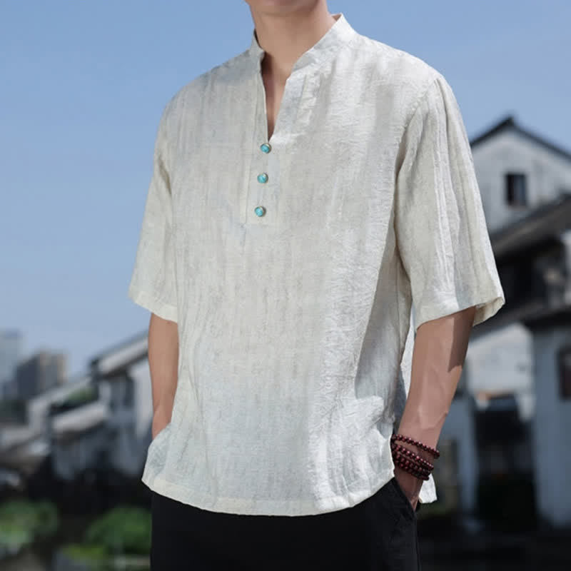 Buddha Stones Sommerliches Dai-Ethno-T-Shirt für Herren mit kurzen Ärmeln, gekerbtem Kragen und Knöpfen - image 5