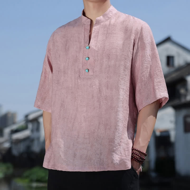 Buddha Stones Sommerliches Dai-Ethno-T-Shirt für Herren mit kurzen Ärmeln, gekerbtem Kragen und Knöpfen - image 13