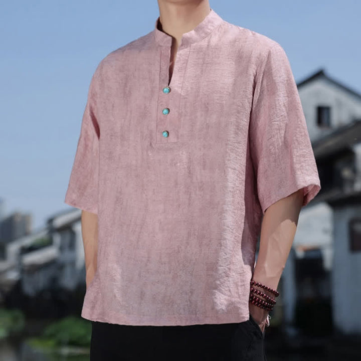 Buddha Stones Sommerliches Dai-Ethno-T-Shirt für Herren mit kurzen Ärmeln, gekerbtem Kragen und Knöpfen - image 13