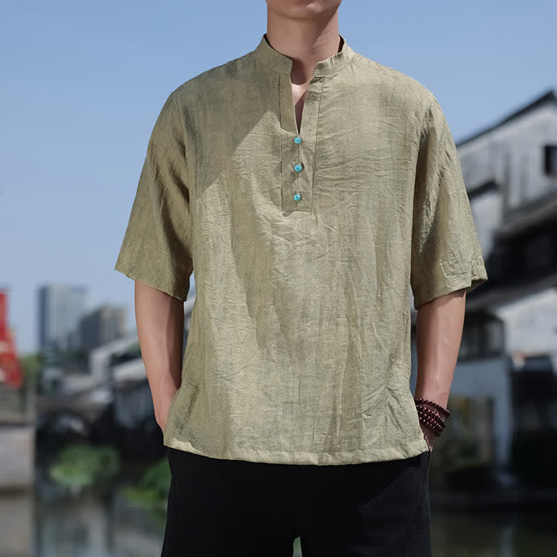 Buddha Stones Sommerliches Dai-Ethno-T-Shirt für Herren mit kurzen Ärmeln, gekerbtem Kragen und Knöpfen - Olivgrün - US/ UK/AU46, EU56 (5XL) - image 0
