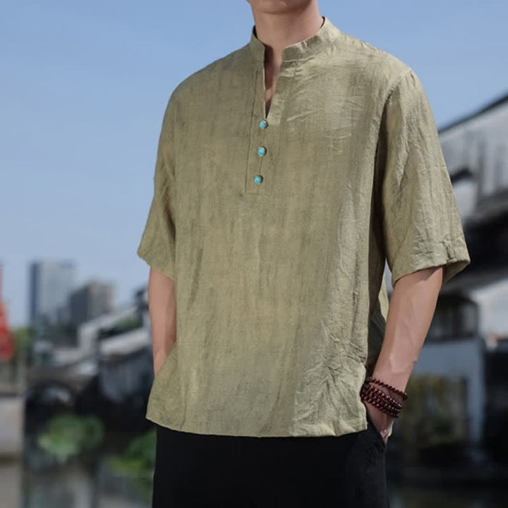 Buddha Stones Sommerliches Dai-Ethno-T-Shirt für Herren mit kurzen Ärmeln, gekerbtem Kragen und Knöpfen - image 1