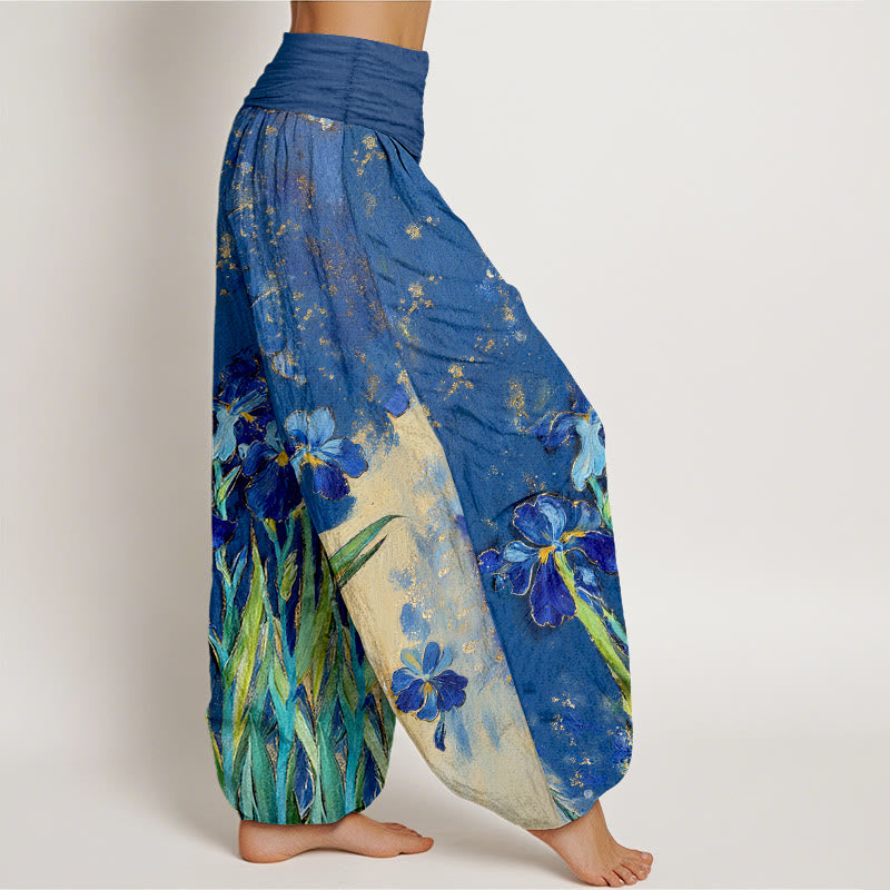 Buddha Stones Haremshose aus reiner Baumwolle mit Iris-Muster und elastischem Bund für Damen - image 2