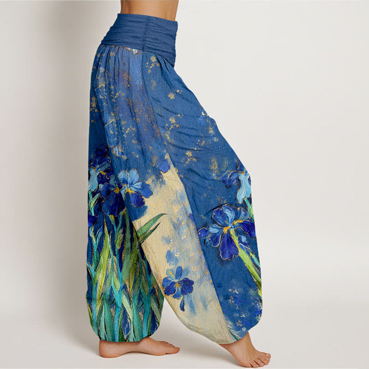 Buddha Stones Haremshose aus reiner Baumwolle mit Iris-Muster und elastischem Bund für Damen - image 2
