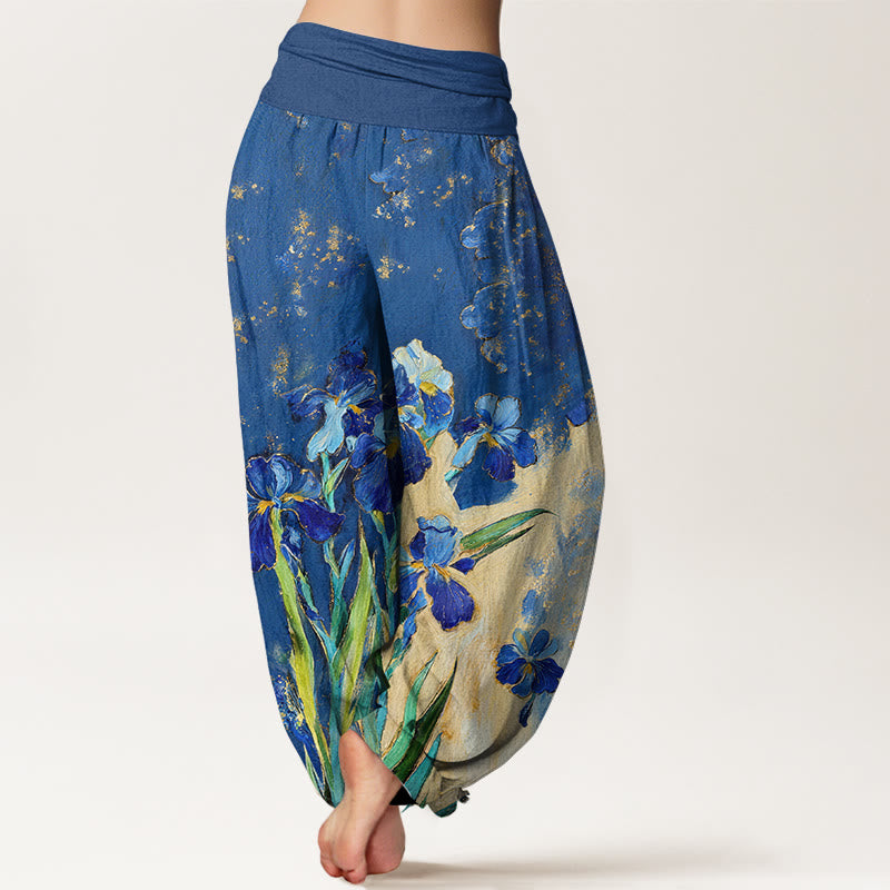 Buddha Stones Haremshose aus reiner Baumwolle mit Iris-Muster und elastischem Bund für Damen - image 1