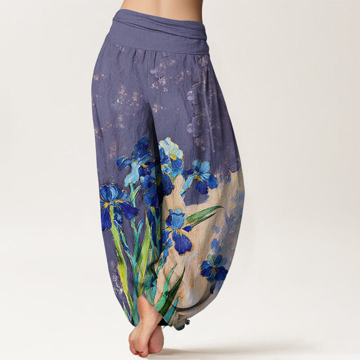 Buddha Stones Haremshose aus reiner Baumwolle mit Iris-Muster und elastischem Bund für Damen - image 6
