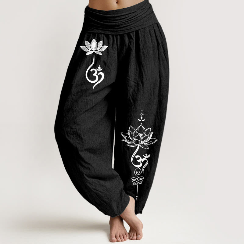 Buddha Stones Baumwoll-Haremshose mit Lotusblumen-Om-Muster und elastischem Bund für Damen - Schwarz - US16, UK/AU20, EU48 (3XL) - image 5