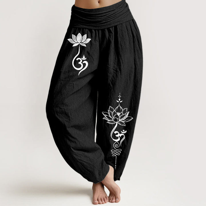 Buddha Stones Baumwoll-Haremshose mit Lotusblumen-Om-Muster und elastischem Bund für Damen - Schwarz - US16, UK/AU20, EU48 (3XL) - image 5