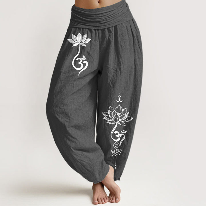 Buddha Stones Baumwoll-Haremshose mit Lotusblumen-Om-Muster und elastischem Bund für Damen - DimGray - US16, UK/AU20, EU48 (3XL) - image 0