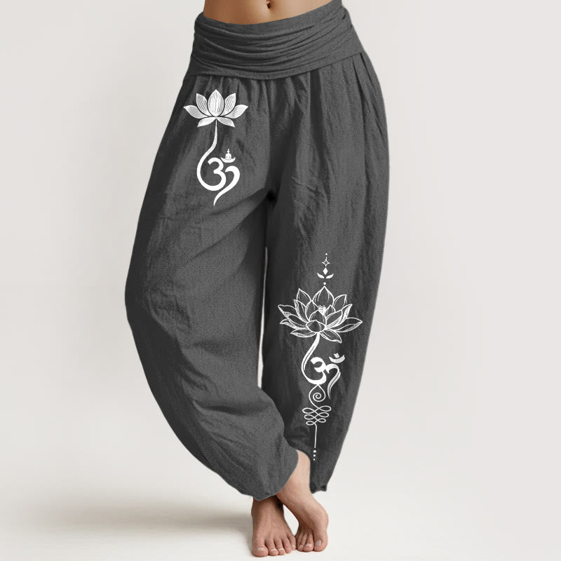 Buddha Stones Baumwoll-Haremshose mit Lotusblumen-Om-Muster und elastischem Bund für Damen - DimGray - US16, UK/AU20, EU48 (3XL) - image 0