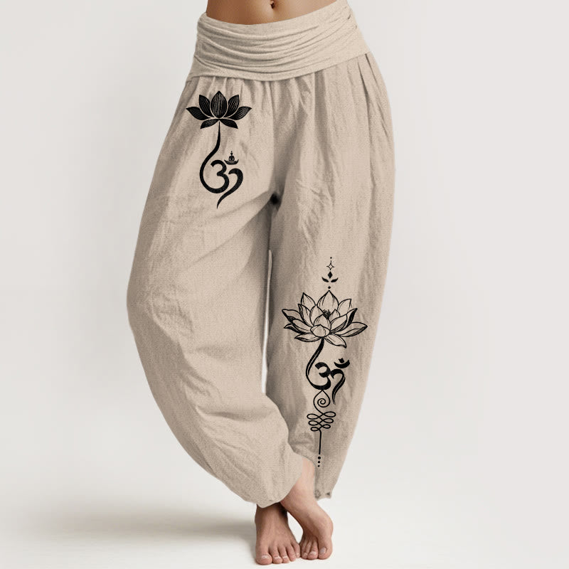 Buddha Stones Baumwoll-Haremshose mit Lotusblumen-Om-Muster und elastischem Bund für Damen - Bräunen - US16, UK/AU20, EU48 (3XL) - image 11